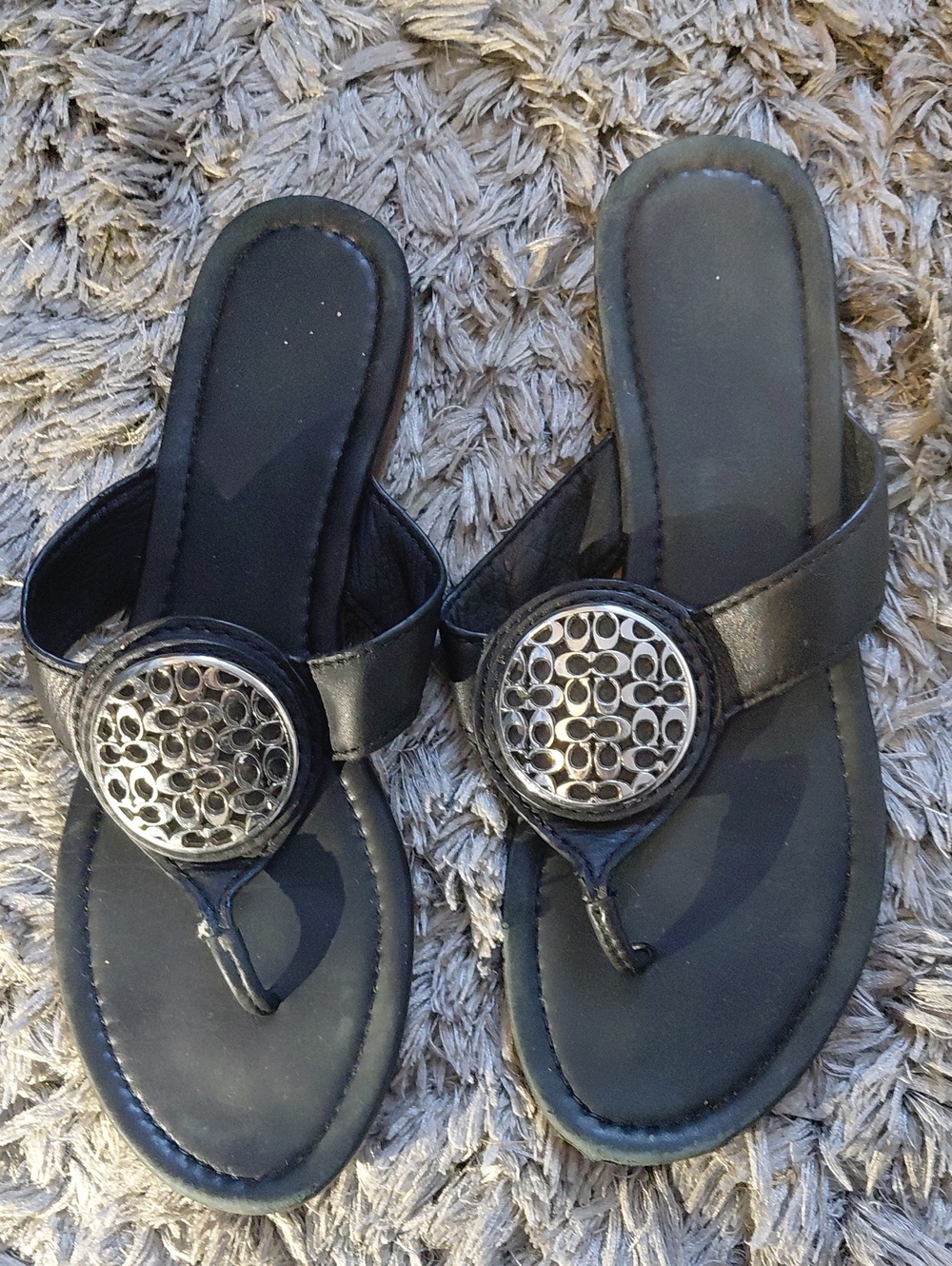 Coach Dark Blue Women's T-Strap Sandals with Silver Logo Medallions